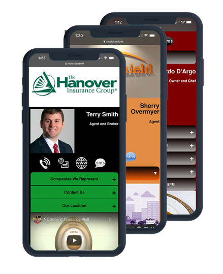 Three example digital business cards displayed on phones